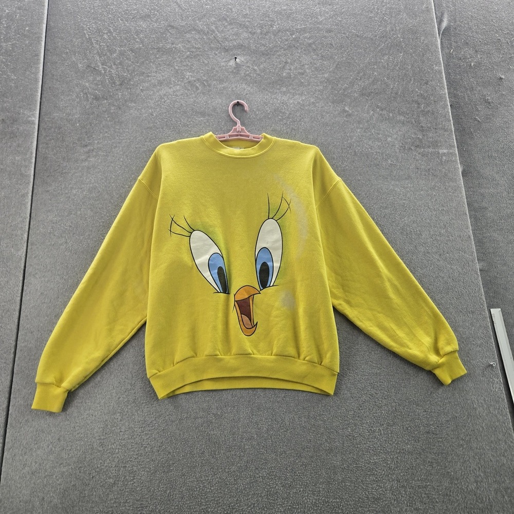 VINTAGE Six‎ Flags Sweatshirt Yellow Graphic Print Tweety 90s Pullover